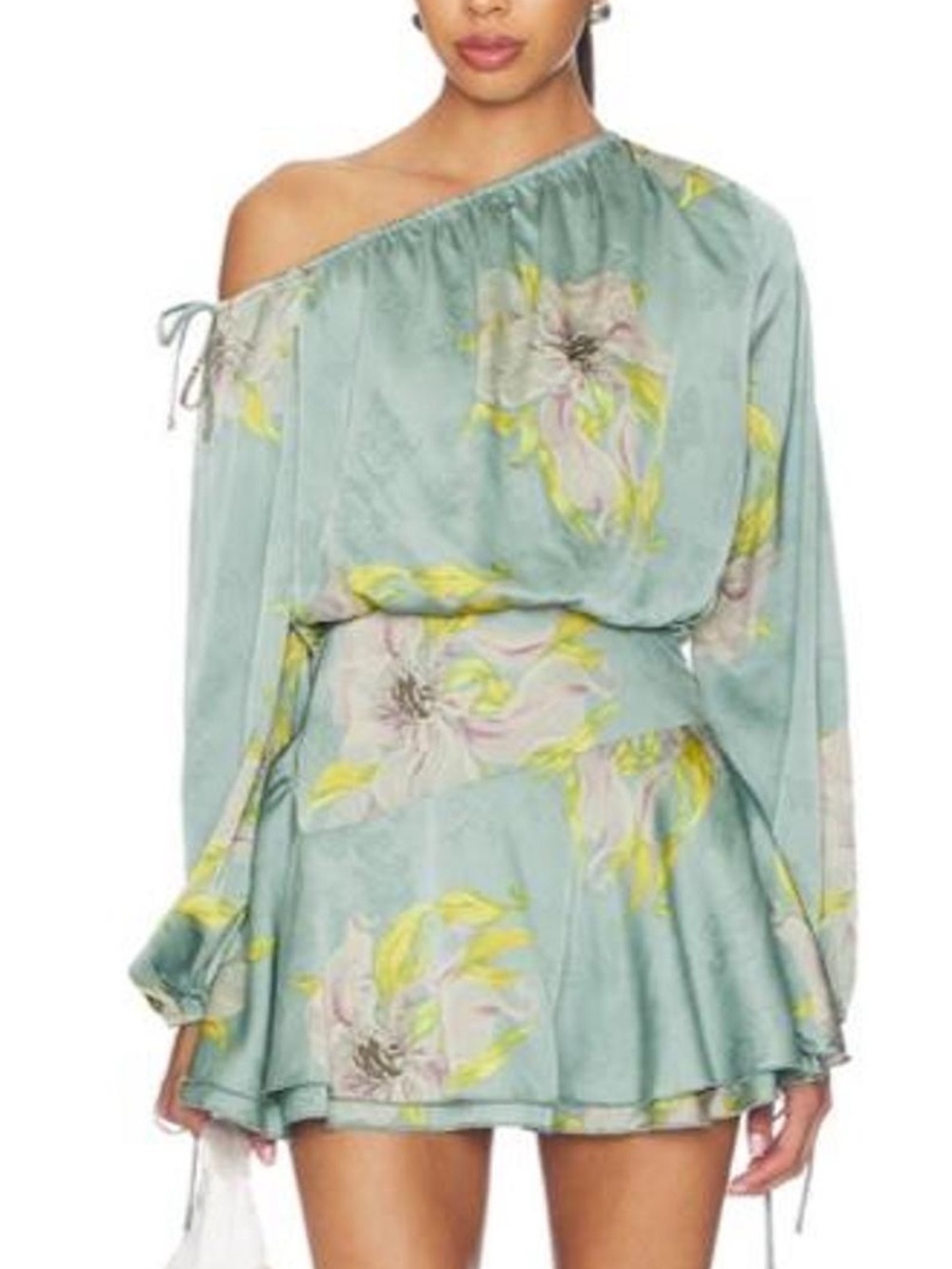 One-Shoulder Floral Mini Dress in Light Sage